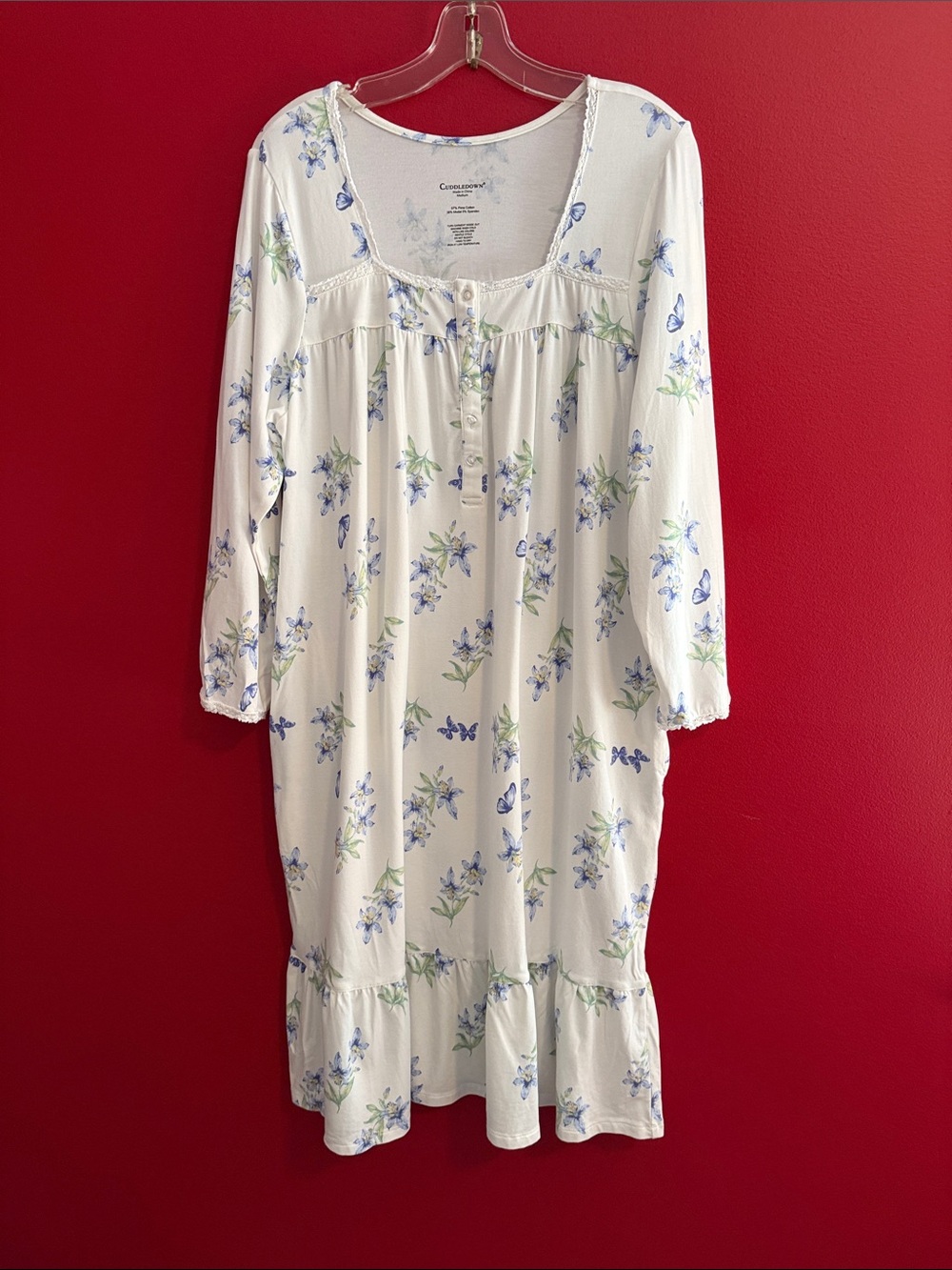 Cuddledown Midi Length Pima Cotton Blend Nightgown- White w/ Blue Floral M